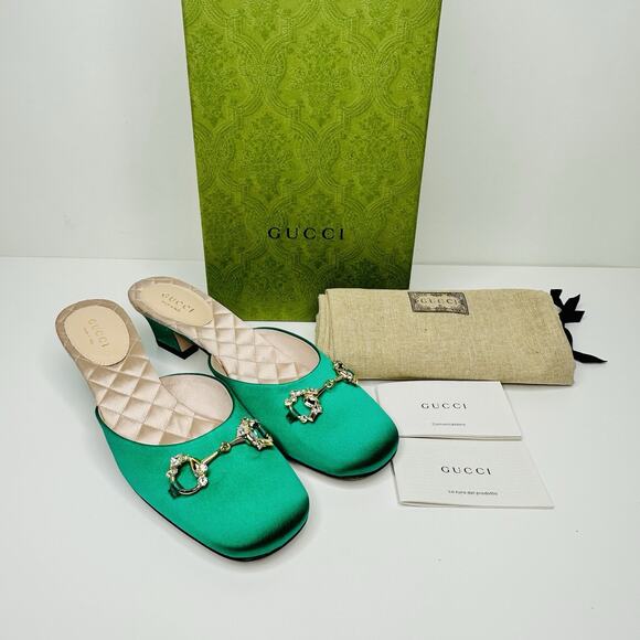 NIB Gucci Horsebit Crystals Satin Mules IT 36 US 6 Slip On Emerald Green Sandal - Picture 5 of 15